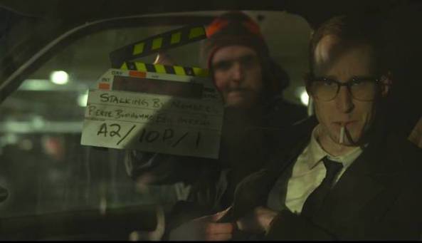 Callam Rodya as Roddy with 3rd AD Alex Pitzel slating the shot on the set of &quot;Stalking by Numbers&quot;.